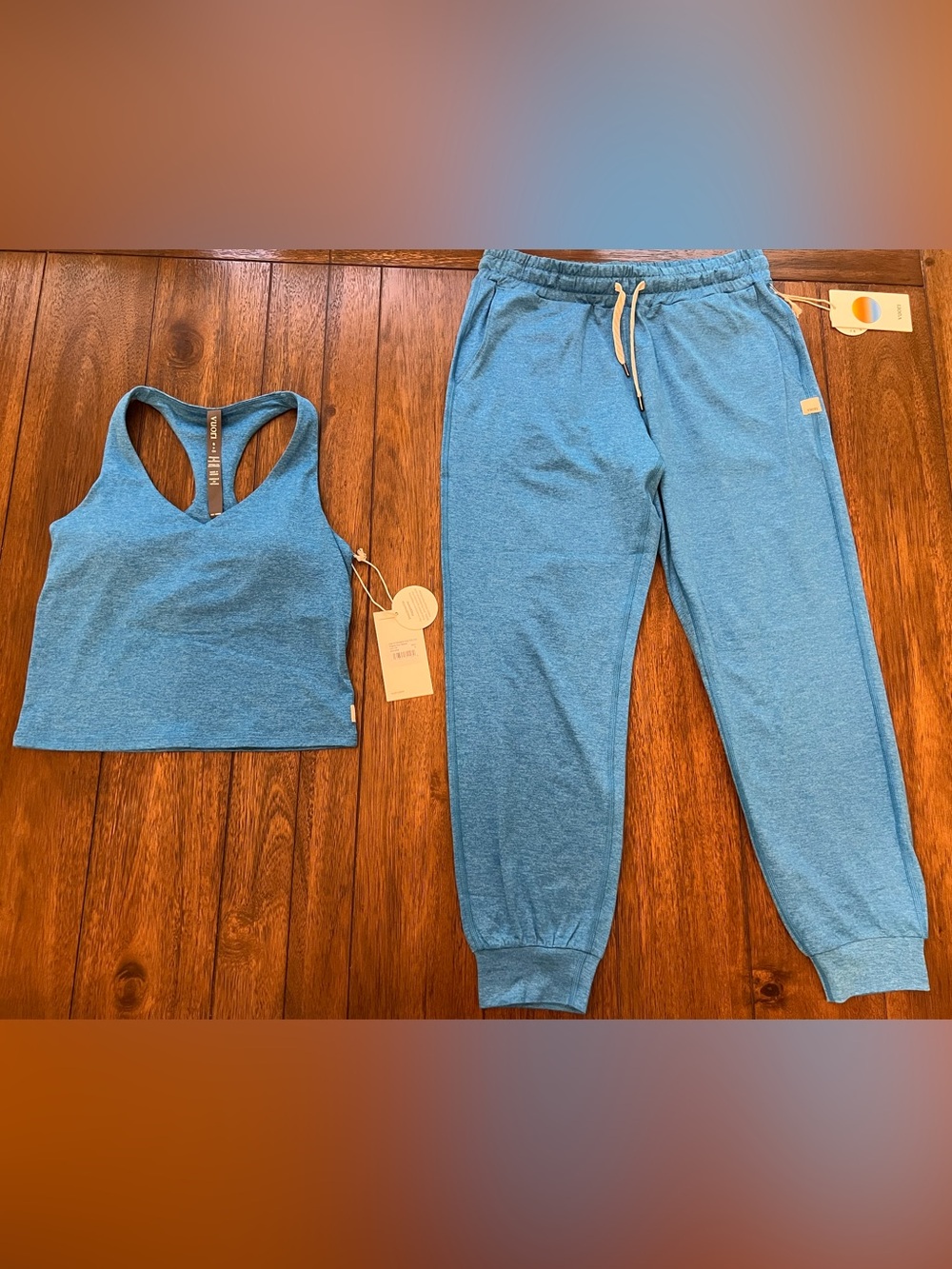 Vuori Regatta Blue Heather Crop top and matching Joggers